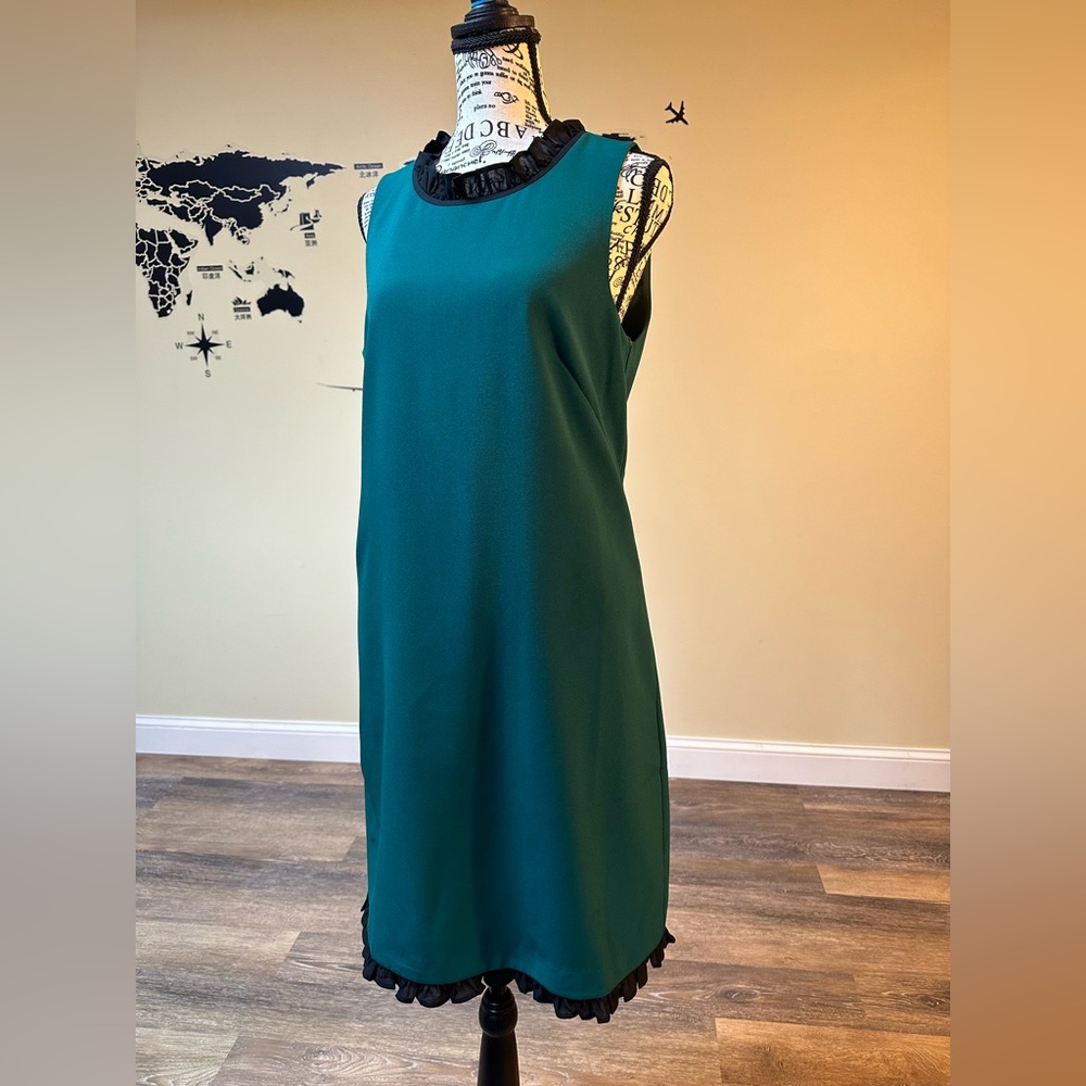 J. Crew Green Sheath Dress Vibrant Sleeveless Black Ruffle Trim Below Knee Sz 6